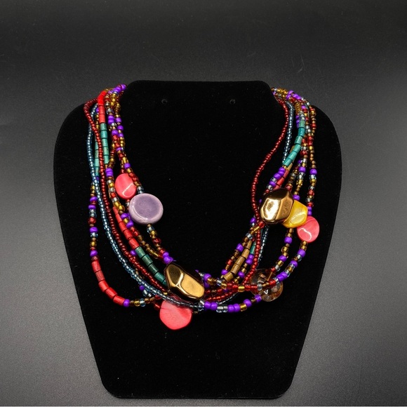 Seed Bead Multi Strand Red Gold Purple Glass Beads Wood Beads Colorful Necklace - Picture 2 of 9